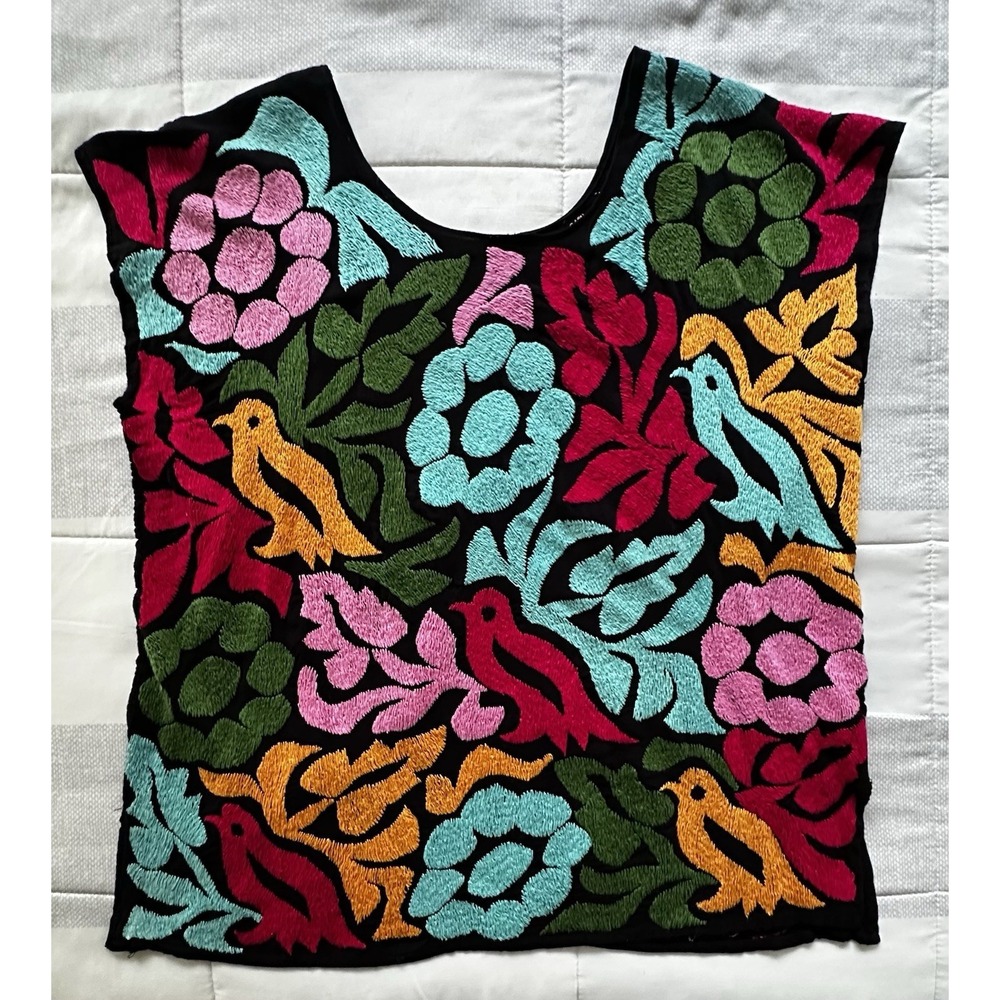 Vtg Mexican Huipil Top Hand Embroidered Floral Bird Oaxaca Boho Ethnic Black M
